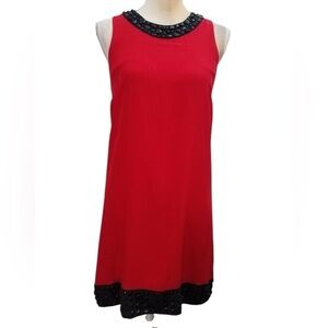 INC Intl. Concepts Red Silk Sleeveless Mini Dress Black Beaded Trim 6P Petite